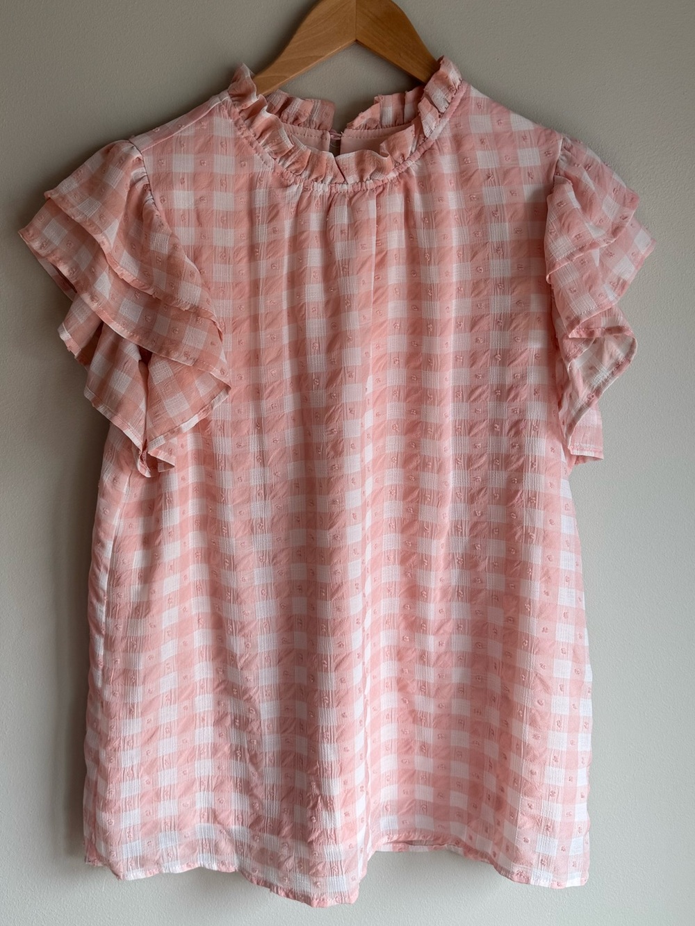 Pink Gingham‎ Ruffle Sleeve Blouse Size Medium